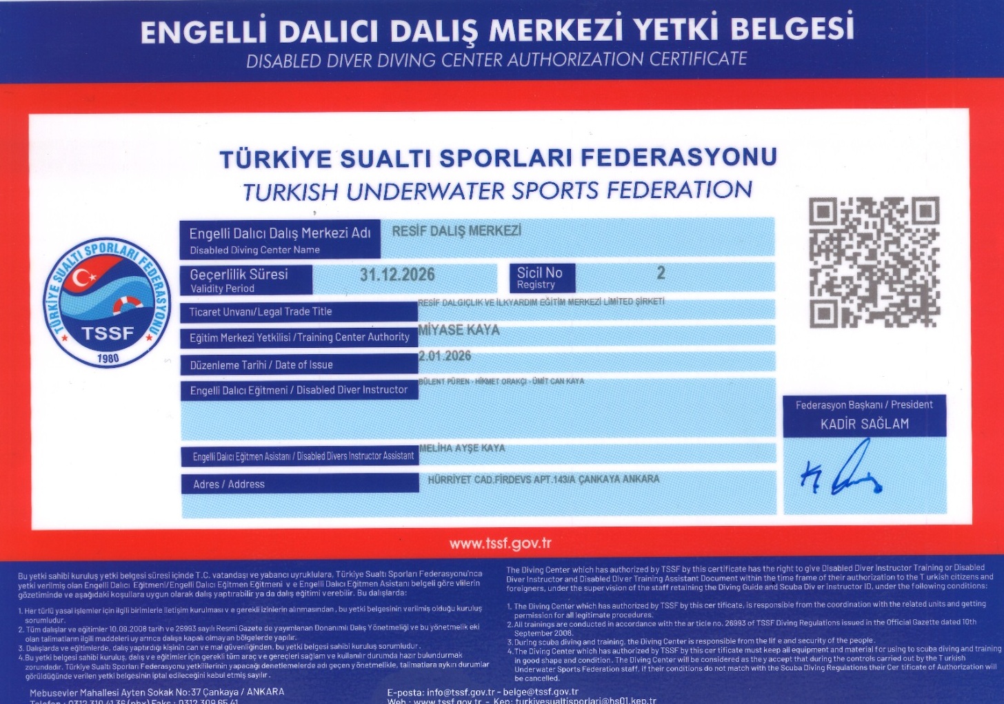 ENGELİ DALICI EĞİTİM MERKEZİ YETKİ BELGESİ
